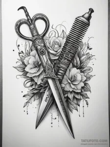 Tattoo sketch barber scissors and comb, conce... - эскиз тату (№1757360454_0, 08.09.2025 19:40) — Tatufoto.com