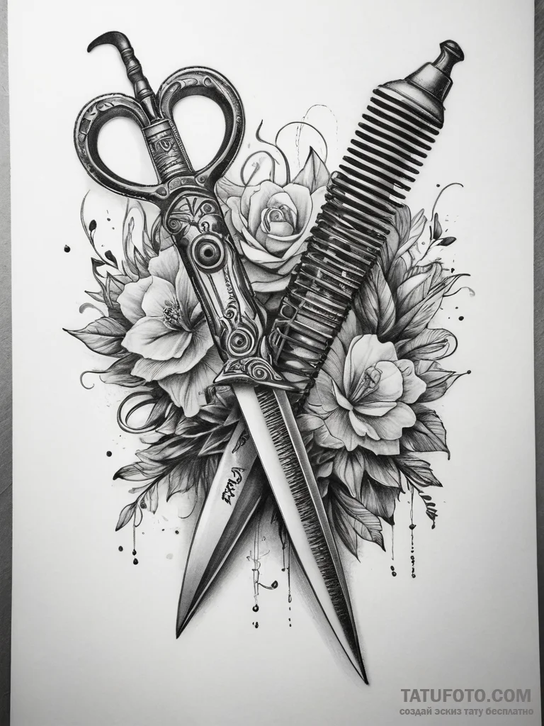 Tattoo sketch barber scissors and comb, conce... - эскиз тату (№1757360454_0, 08.09.2025 19:40) — Tatufoto.com