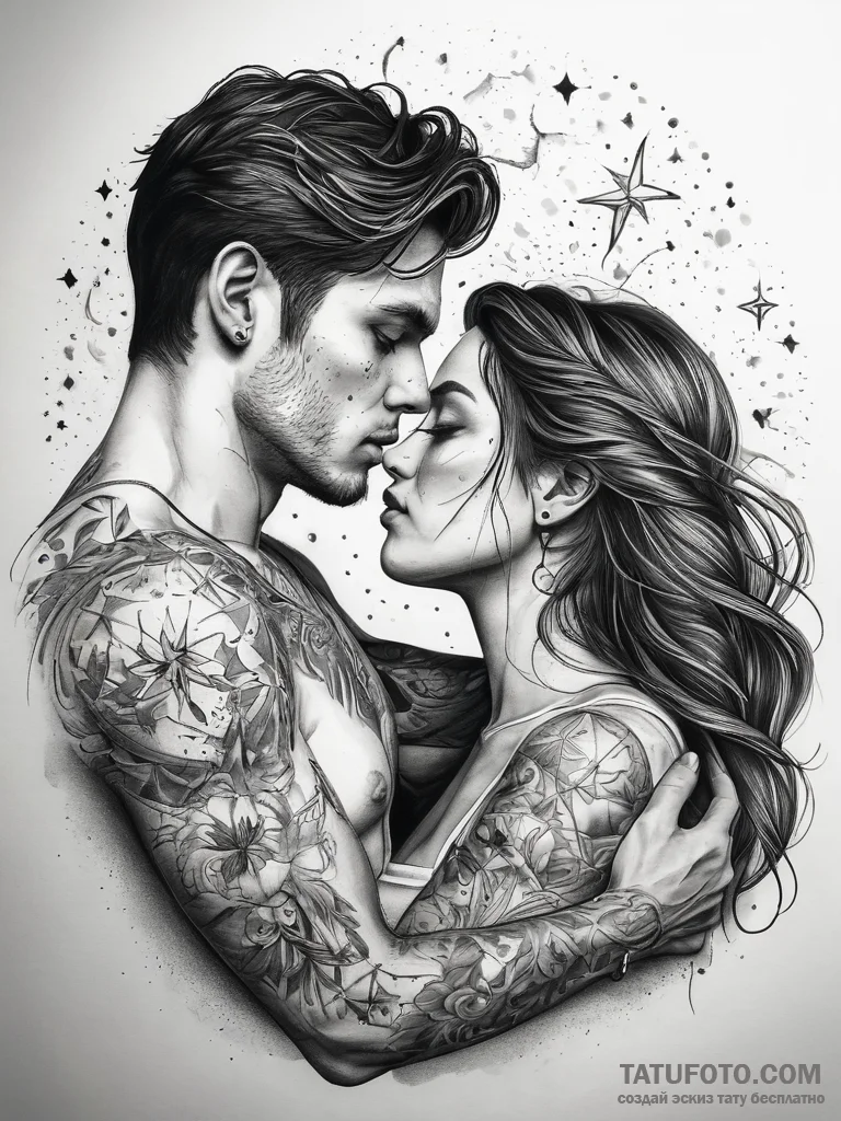 Tattoo sketch romantic starry sky with a coup... - эскиз тату (№1757361651_0, 08.09.2025 20:00) — Tatufoto.com