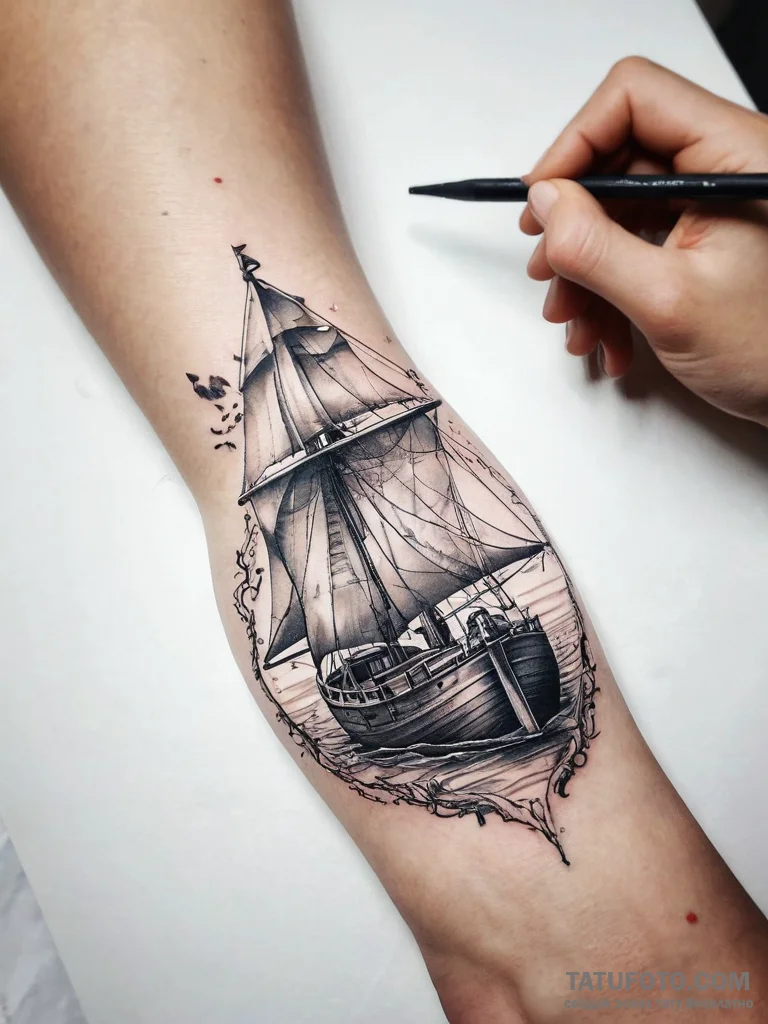 Tattoo sketch hands with a boat - эскиз тату (№1757366428_0, 08.09.2025 21:20) — Tatufoto.com