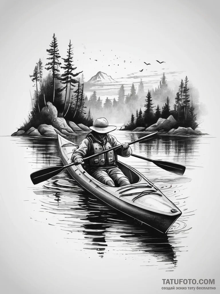 Tattoo sketch kayaking on a river, ink illust... - эскиз тату (№1757367220_0, 08.09.2025 21:33) — Tatufoto.com