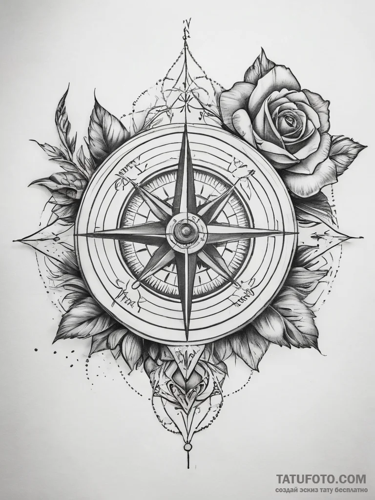 Tattoo sketch a compass with a rose - эскиз тату (№1757376357_0, 09.09.2025 00:05) — Tatufoto.com