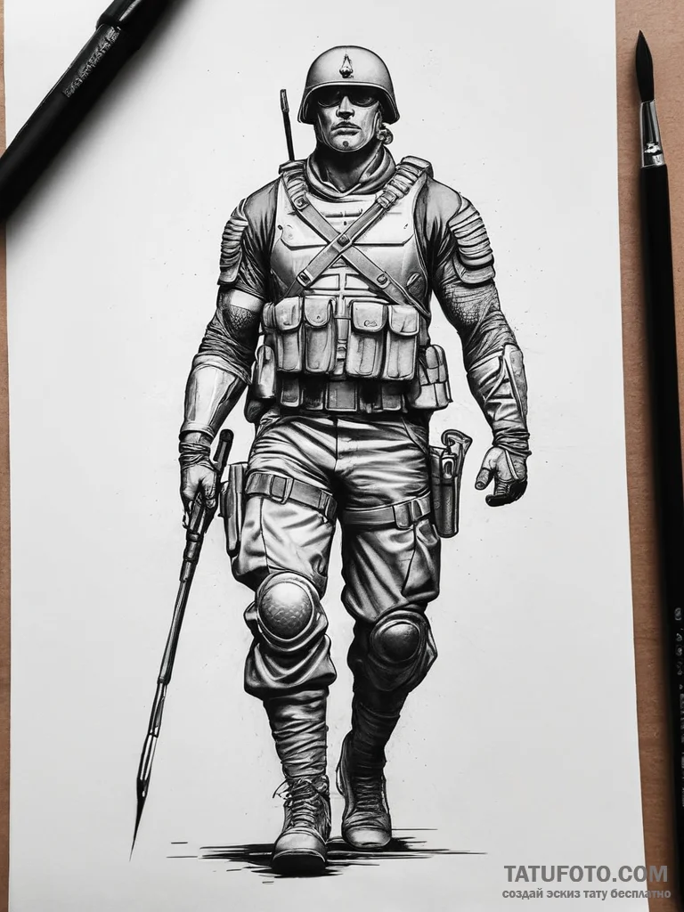 Tattoo sketch soldier with a brush - эскиз тату (№1757384513_0, 09.09.2025 02:21) — Tatufoto.com