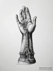 Tattoo sketch hands with a monument - эскиз тату (№1757389262_0, 09.09.2025 03:41) — Tatufoto.com
