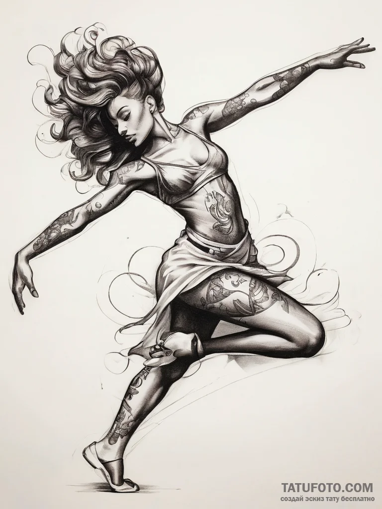Tattoo sketch dancer silhouette in motion, ta... - эскиз тату (№1757395785_0, 09.09.2025 05:29) — Tatufoto.com