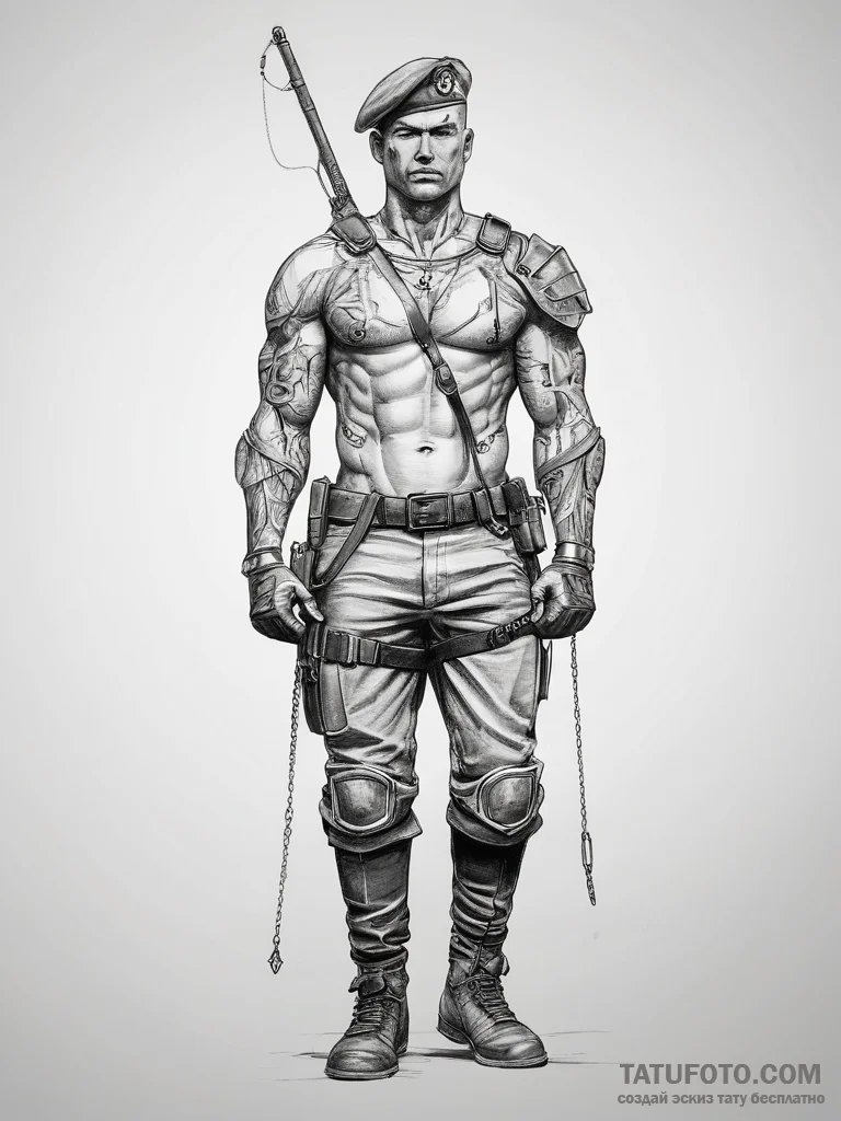 Tattoo sketch soldier with a chain, concept a... - эскиз тату (№1757399558_0, 09.09.2025 06:32) — Tatufoto.com