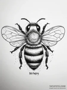 Tattoo sketch puns a bee that says "bee happy... - эскиз тату (№1757429849_0, 09.09.2025 14:57) — Tatufoto.com
