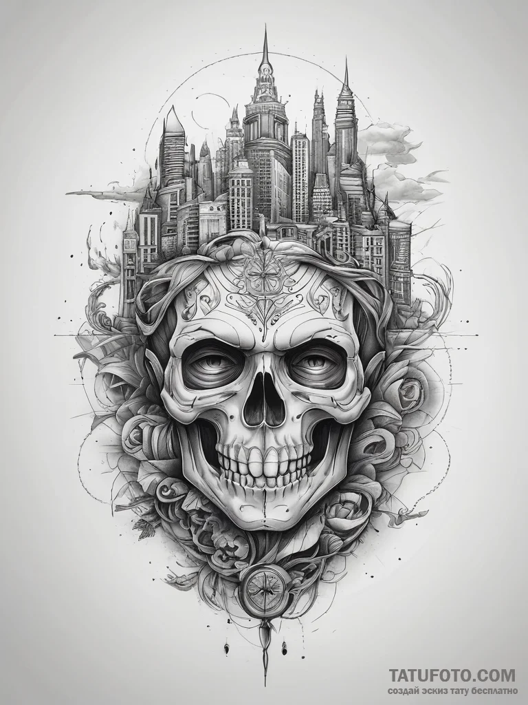 Tattoo sketch city, ink illustration for tatt... - эскиз тату (№1757443965_0, 09.09.2025 18:52) — Tatufoto.com