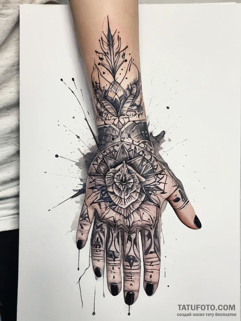 Tattoo sketch hands with a brush, tattoo line... - эскиз тату (№1757444351_0, 09.09.2025 18:59) — Tatufoto.com