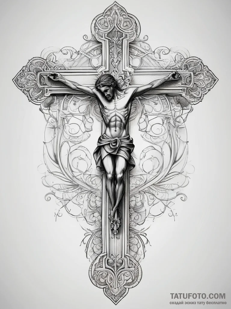 Tattoo sketch crucifix and scroll, tattoo ske... - эскиз тату (№1757453586_0, 09.09.2025 21:33) — Tatufoto.com