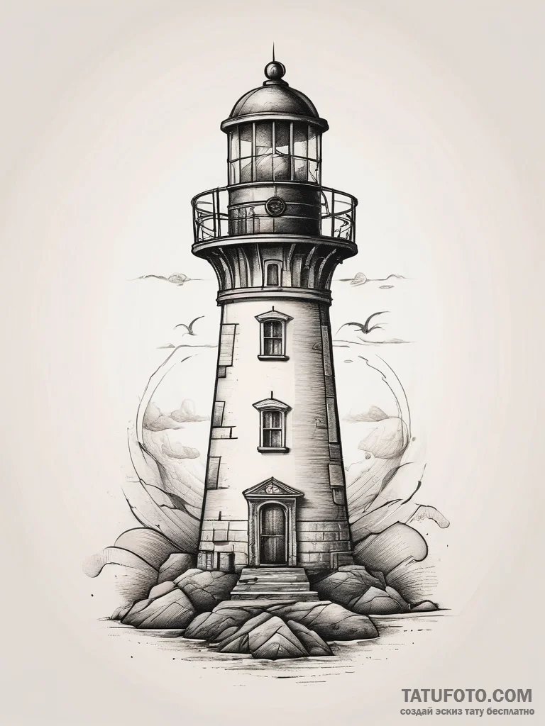 Tattoo sketch lighthouse, ink illustration fo... - эскиз тату (№1757454372_0, 09.09.2025 21:46) — Tatufoto.com