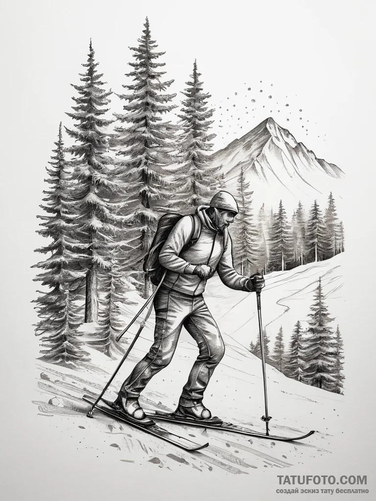 Tattoo sketch cross-country skiing a forest,... - эскиз тату (№1757459348_0, 09.09.2025 23:09) — Tatufoto.com
