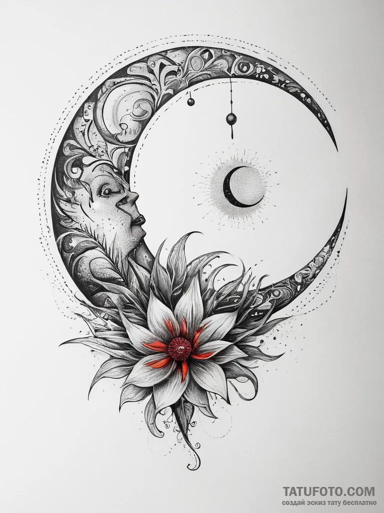 Tattoo sketch celestial plant with a crescent... - эскиз тату (№1757465135_0, 10.09.2025 00:45) — Tatufoto.com
