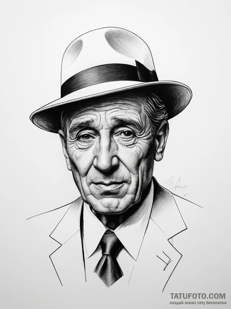 Tattoo sketch carlo gambino with a hat, ink i... - эскиз тату (№1757467107_0, 10.09.2025 01:18) — Tatufoto.com
