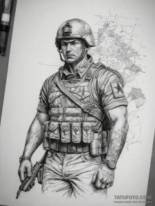 Tattoo sketch soldier with a map - эскиз тату (№1757467502_0, 10.09.2025 01:25) — Tatufoto.com