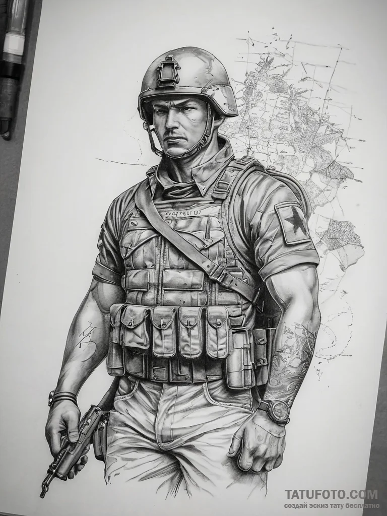 Tattoo sketch soldier with a map - эскиз тату (№1757467502_0, 10.09.2025 01:25) — Tatufoto.com