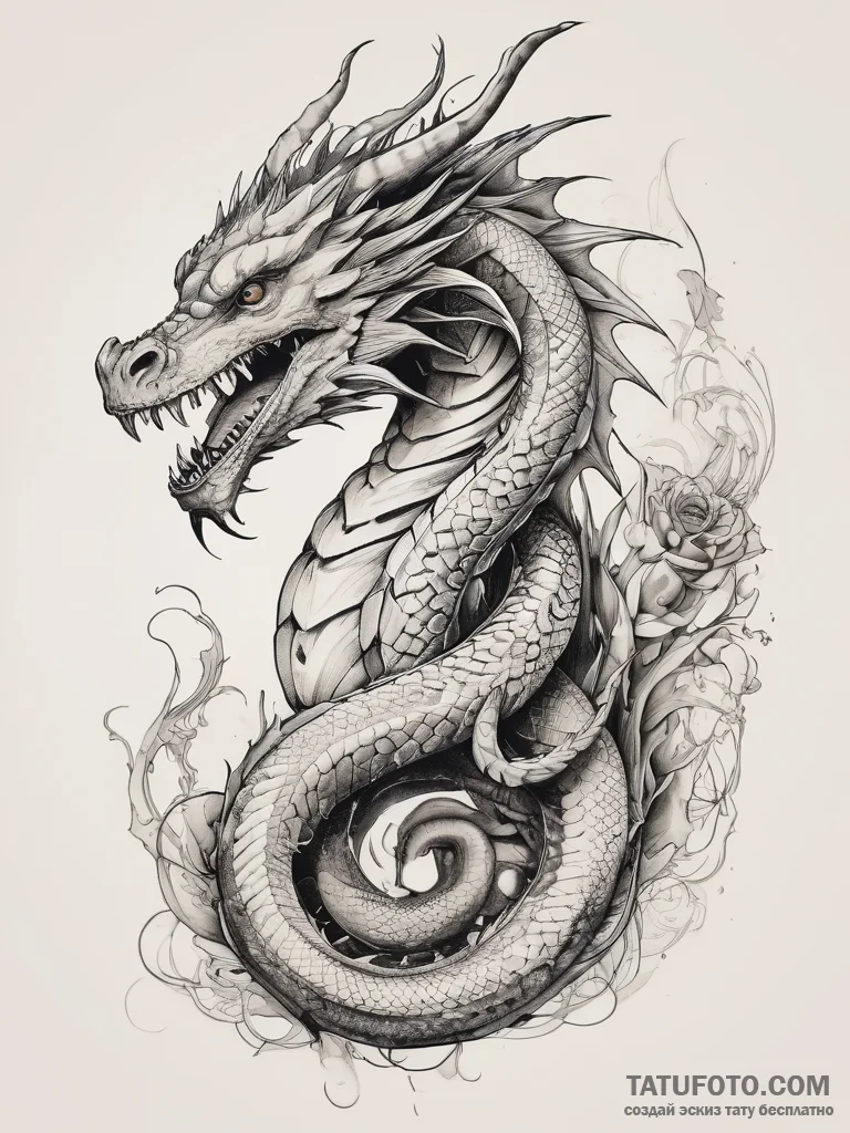 Tattoo sketch dragon with a snake, tattoo lin... - эскиз тату (№1757507312_0, 10.09.2025 12:28) — Tatufoto.com