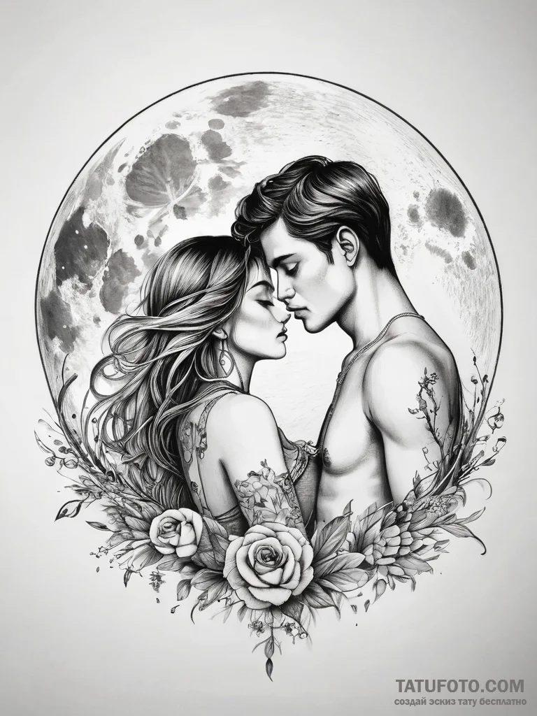 Tattoo sketch romantic full moon with a coupl... - эскиз тату (№1757518932_0, 10.09.2025 15:42) — Tatufoto.com