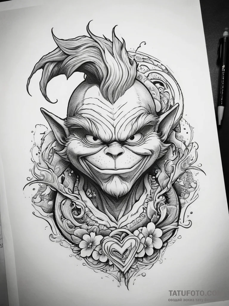 Tattoo sketch the grinch with a heart, artist... - эскиз тату (№1757538425_0, 10.09.2025 21:07) — Tatufoto.com