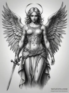 Tattoo sketch angel with a sword, concept art... - эскиз тату (№1757541715_0, 10.09.2025 22:01) — Tatufoto.com