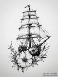 Tattoo sketch ship with a flower - эскиз тату (№1757553696_0, 11.09.2025 01:21) — Tatufoto.com