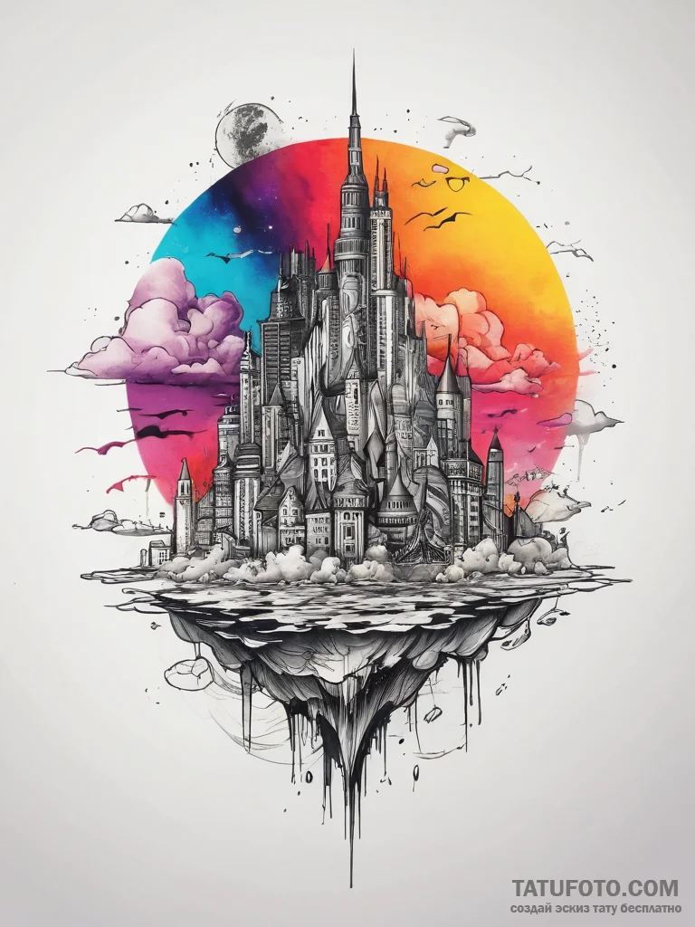 Tattoo sketch floating city, tattoo drawing o... - эскиз тату (№1757559717_0, 11.09.2025 03:01) — Tatufoto.com
