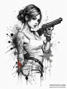 Tattoo sketch girl with a gun, tattoo drawing... - эскиз тату (№1757561864_0, 11.09.2025 03:37) — Tatufoto.com