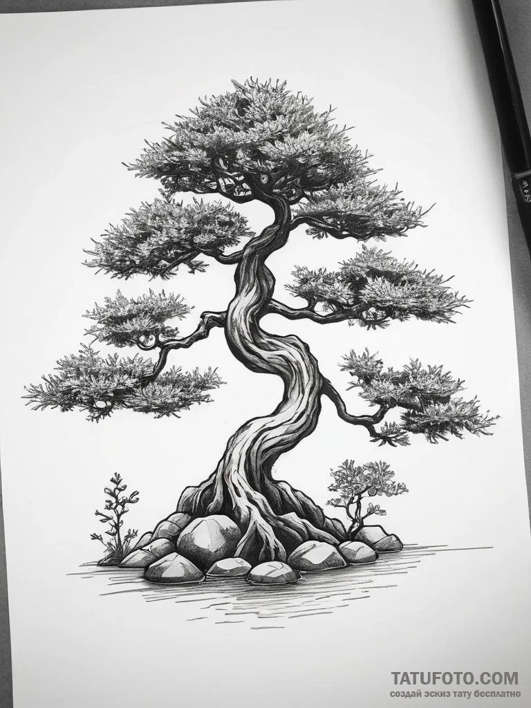 Tattoo sketch bonsai tree with a zen garden,... - эскиз тату (№1757568101_0, 11.09.2025 05:21) — Tatufoto.com