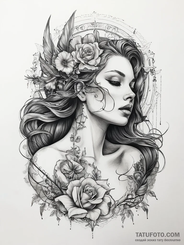 Tattoo sketch siren with a song - эскиз тату (№1757571212_0, 11.09.2025 06:13) — Tatufoto.com