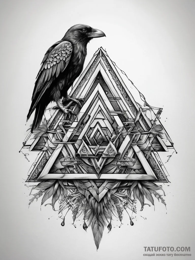 Tattoo sketch valknut with raven feathers - эскиз тату (№1757585004_0, 11.09.2025 10:03) — Tatufoto.com