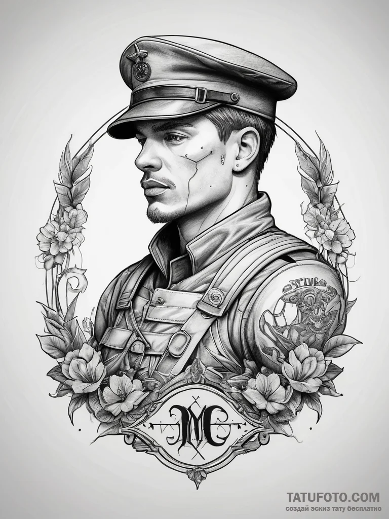 Tattoo sketch soldier with a name, ink illust... - эскиз тату (№1757586165_0, 11.09.2025 10:22) — Tatufoto.com