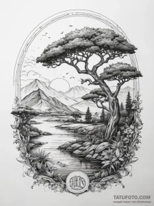 Tattoo sketch african landscape, ink illustra... - эскиз тату (№1757591393_0, 11.09.2025 11:49) — Tatufoto.com