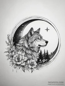 Tattoo sketch crescent moon with a wolf, tatt... - эскиз тату (№1757593522_0, 11.09.2025 12:25) — Tatufoto.com