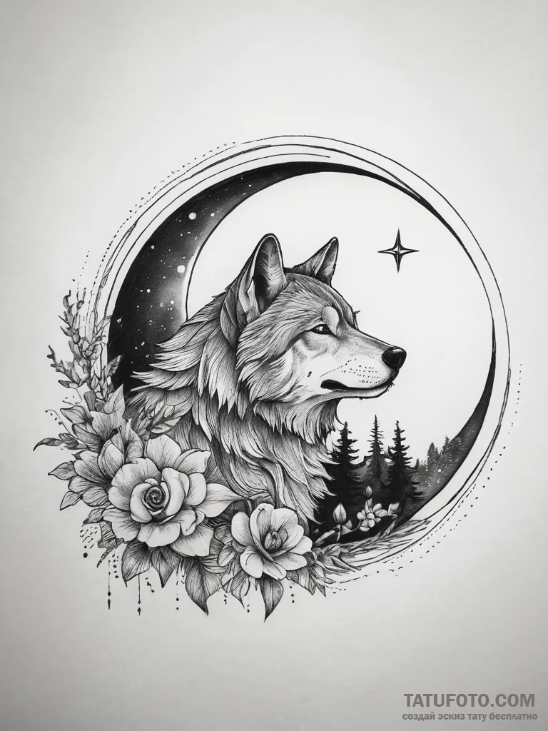 Tattoo sketch crescent moon with a wolf, tatt... - эскиз тату (№1757593522_0, 11.09.2025 12:25) — Tatufoto.com