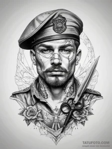Tattoo sketch soldier with a scissors, concep... - эскиз тату (№1757609796_0, 11.09.2025 16:56) — Tatufoto.com