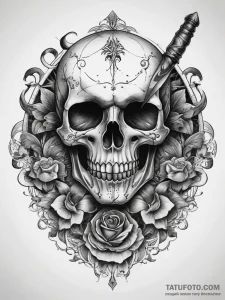 Tattoo sketch skull with a knife, tattoo flas... - эскиз тату (№1757628678_0, 11.09.2025 22:11) — Tatufoto.com