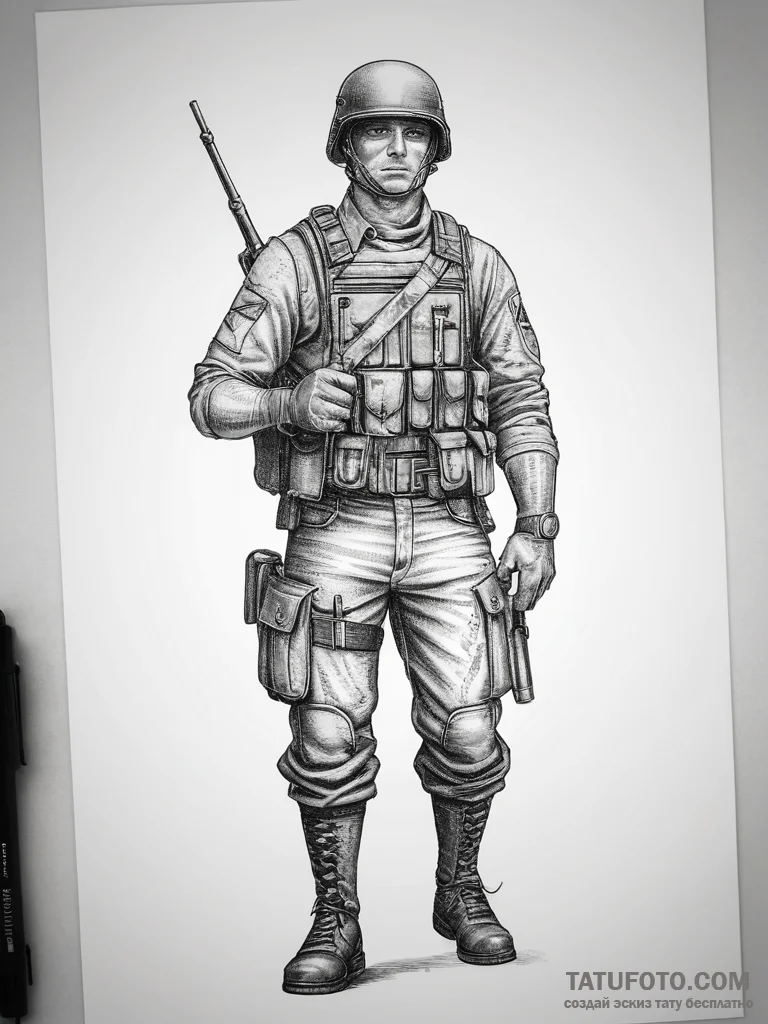 Tattoo sketch soldier with a document, tattoo... - эскиз тату (№1757633709_0, 11.09.2025 23:35) — Tatufoto.com