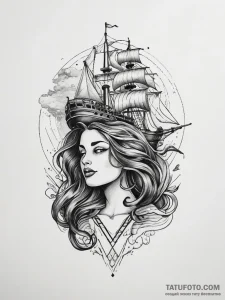 Tattoo sketch siren with a ship, artistic tat... - эскиз тату (№1757639901_0, 12.09.2025 01:18) — Tatufoto.com