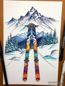Tattoo sketch skiing ski poles and snow-cover... - эскиз тату (№1757656098_0, 12.09.2025 05:48) — Tatufoto.com