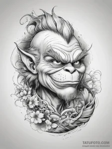 Tattoo sketch the grinch with a feather, tatt... - эскиз тату (№1757656485_0, 12.09.2025 05:54) — Tatufoto.com