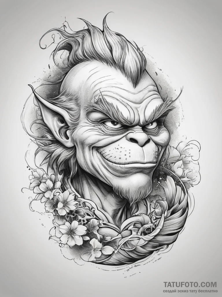 Tattoo sketch the grinch with a feather, tatt... - эскиз тату (№1757656485_0, 12.09.2025 05:54) — Tatufoto.com
