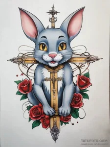 Tattoo sketch tom and jerry with a cross - эскиз тату (№1757658995_0, 12.09.2025 06:36) — Tatufoto.com