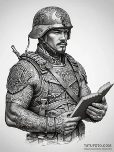 Tattoo sketch soldier with a book, concept ar... - эскиз тату (№1757665227_0, 12.09.2025 08:20) — Tatufoto.com