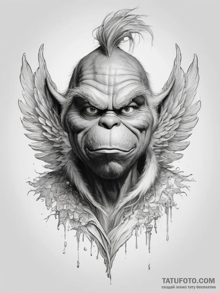 Tattoo sketch the grinch with a wing - эскиз тату (№1757695583_0, 12.09.2025 16:46) — Tatufoto.com