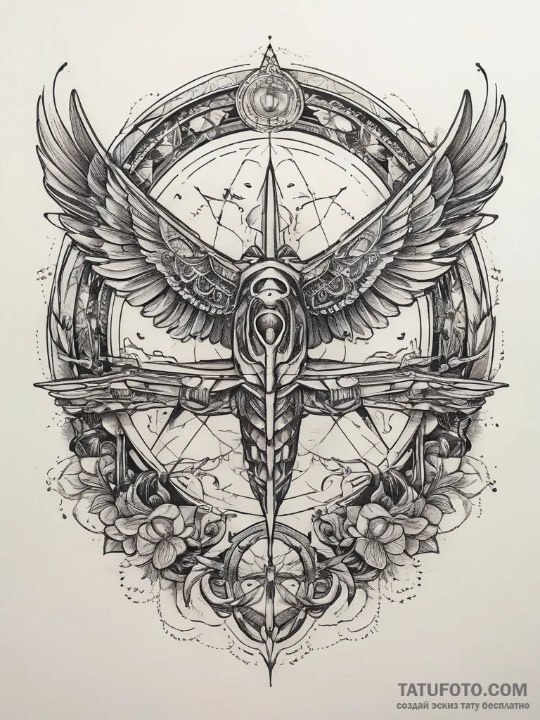 Tattoo sketch mystical plane, ink illustratio... - эскиз тату (№1757707960_0, 12.09.2025 20:12) — Tatufoto.com