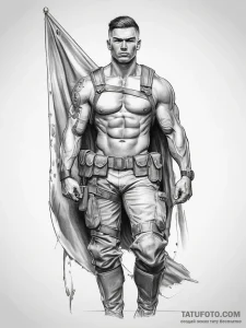Tattoo sketch soldier with a banner - эскиз тату (№1757720081_0, 12.09.2025 23:34) — Tatufoto.com