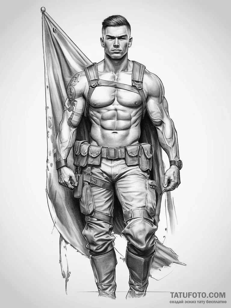 Tattoo sketch soldier with a banner - эскиз тату (№1757720081_0, 12.09.2025 23:34) — Tatufoto.com