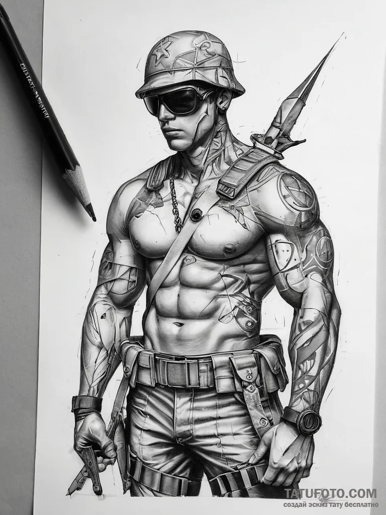 Tattoo sketch soldier with a scissors, concep... - эскиз тату (№1757722642_0, 13.09.2025 00:17) — Tatufoto.com