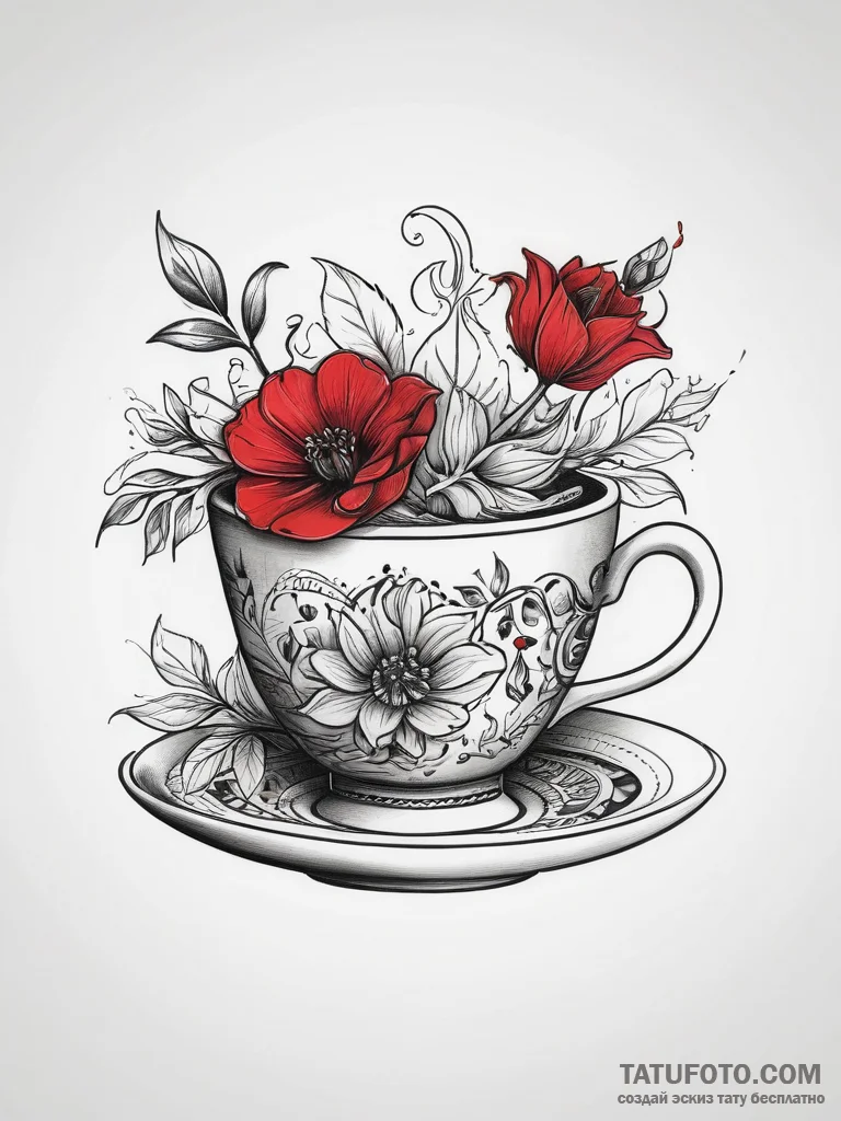 Tattoo sketch teacup with a flower, tattoo fl... - эскиз тату (№1757723426_0, 13.09.2025 00:30) — Tatufoto.com