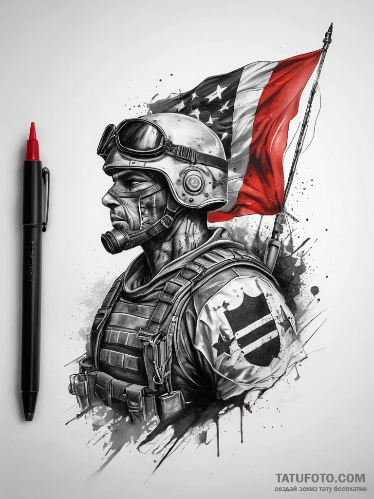 Tattoo sketch soldier with a flag, tattoo lin... - эскиз тату (№1757724026_0, 13.09.2025 00:40) — Tatufoto.com